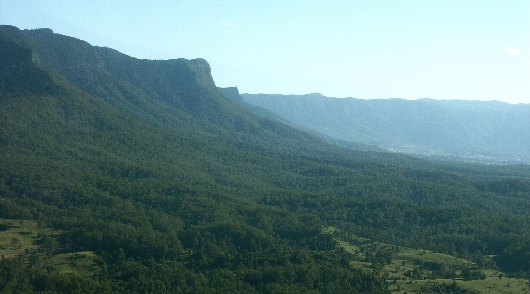 Looking across the green Tweed Valley to the forested rim of the caldera